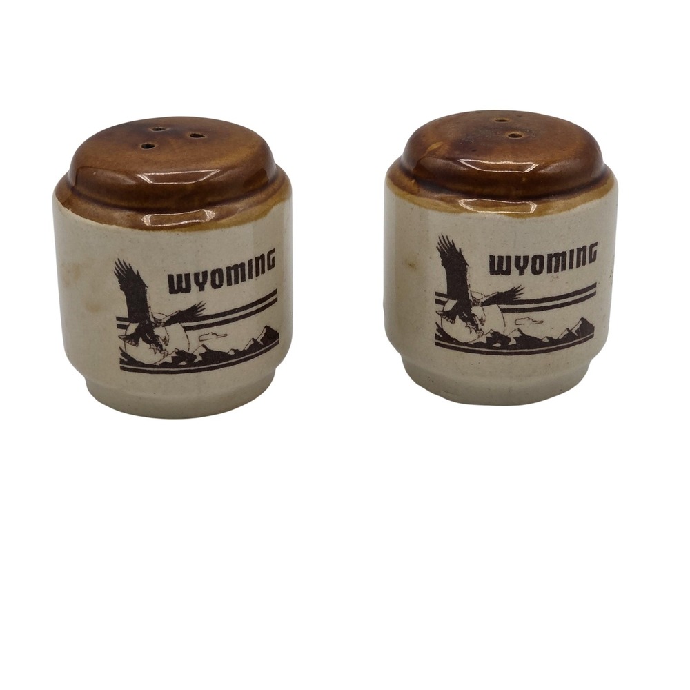 Wyoming Souvenir Salt Pepper Shakers Set Ceramic Brown Tan Eagle‎ Stoneware Pair